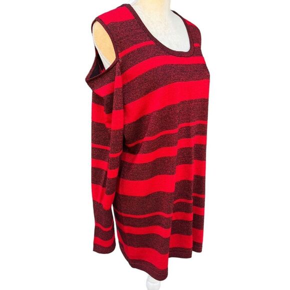 Questions Women's Red & Black Striped Cold Shoulder Sweater 2X metallic thread - Picture 12 of 13